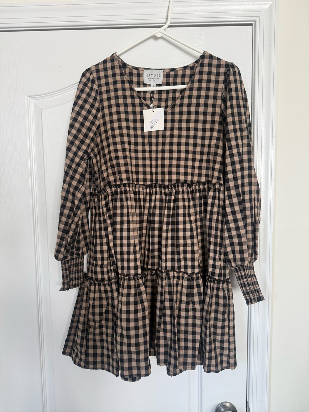 NWT - Hayden - Black and Tan Checkered Tiered Dress - Size Small